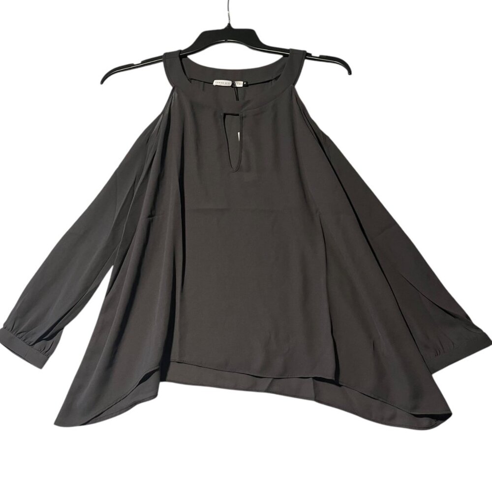 Three Eighty Two Women's S Gray Cold Shoulder Blouse‎ Top Hi Lo Key Hole Neutral